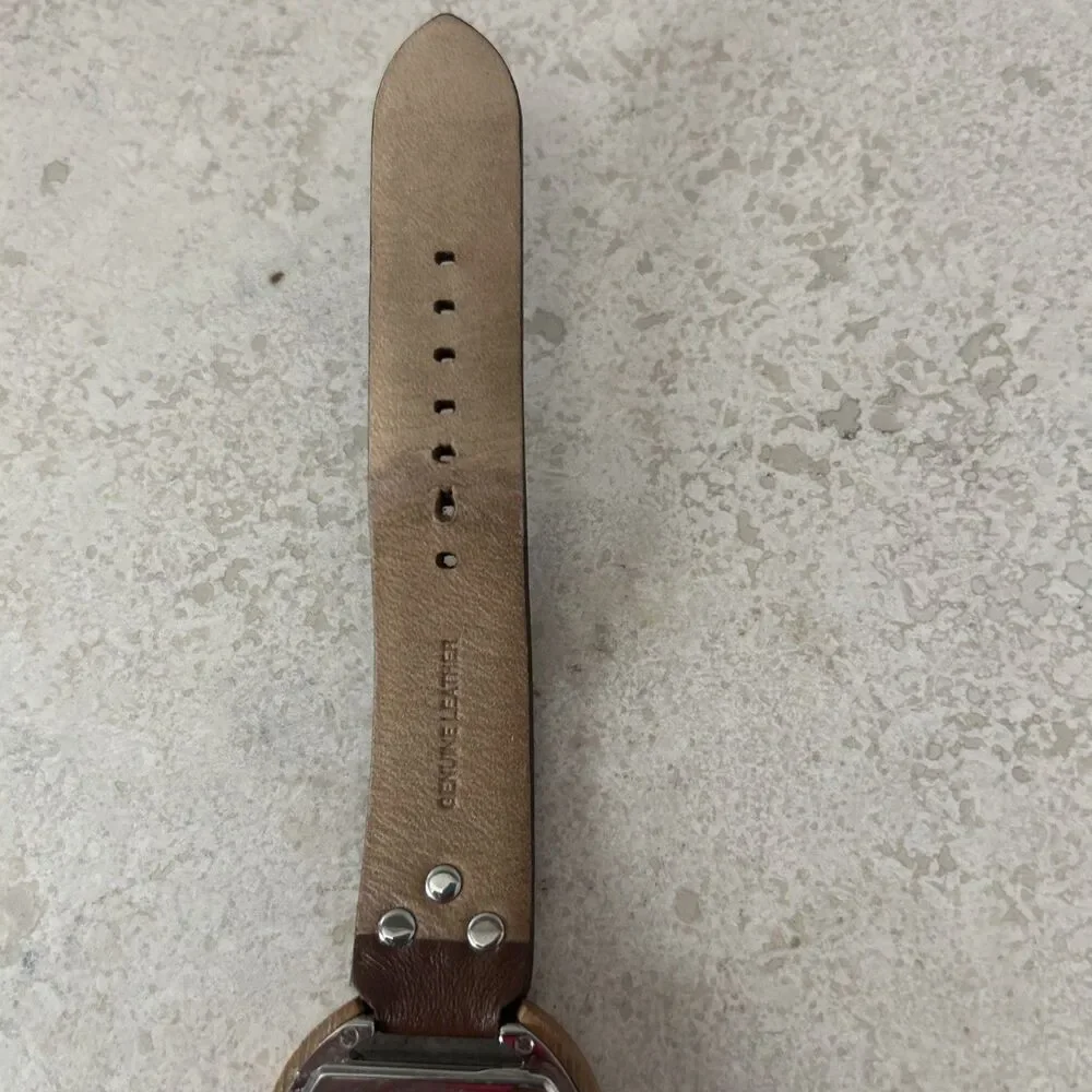Michael Kors Women’s Wood Bezel Brown Leather Quartz Watch Silver New Battery